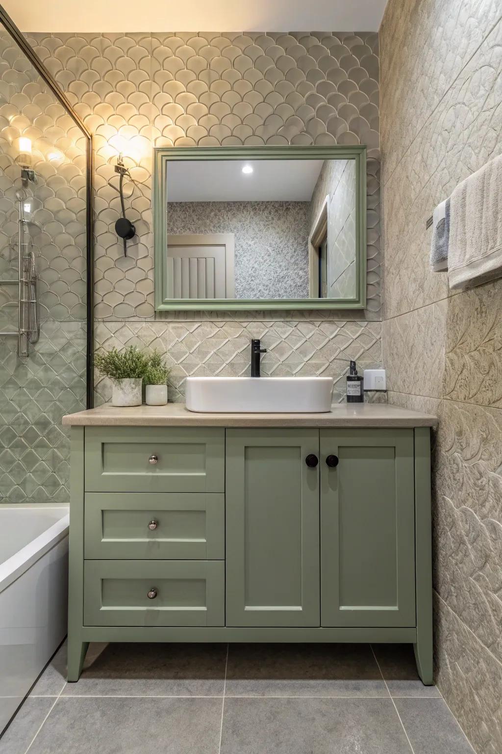 A bathroom showcasing a sage green vanity with textured tiles and soft textiles.