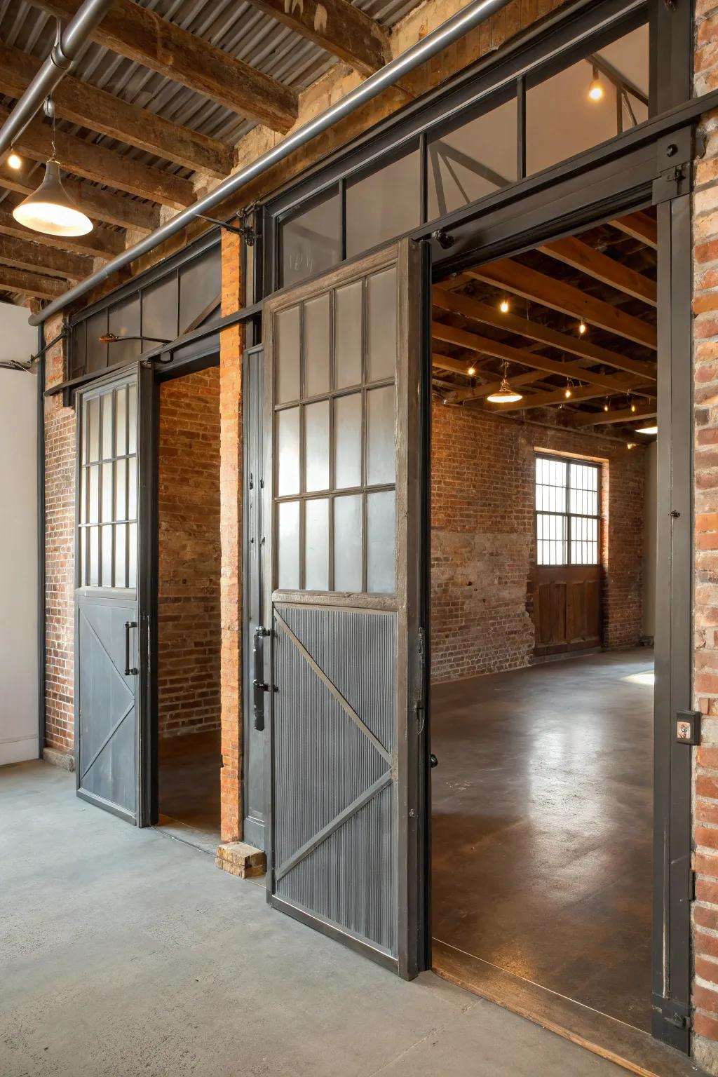 Industrial elegance with metal-framed saloon doors.