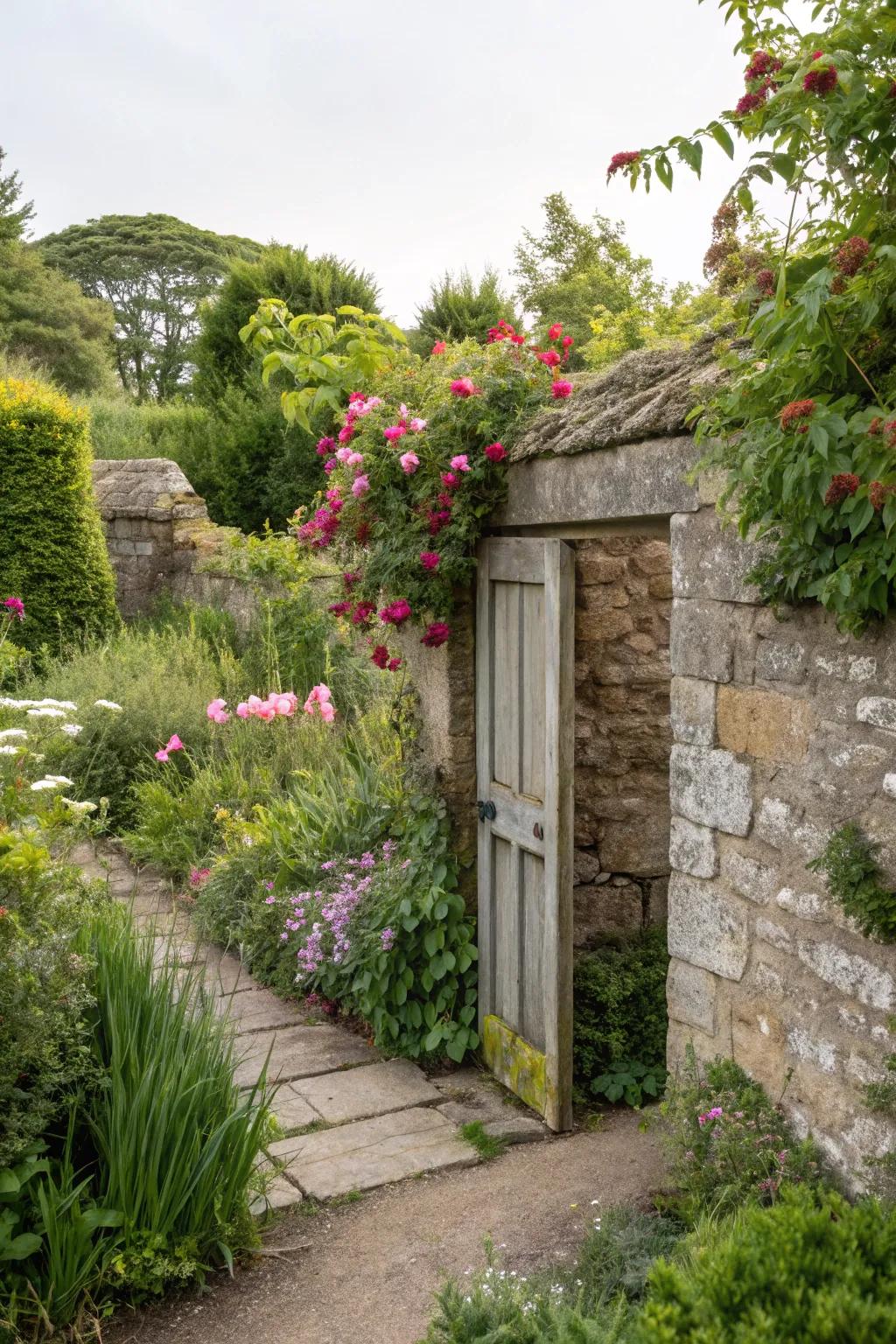 A stone wall hides a secret garden door, waiting to be discovered.