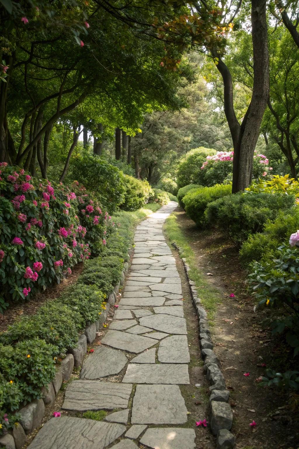 Charming stone pathways bordered by lush greenery.