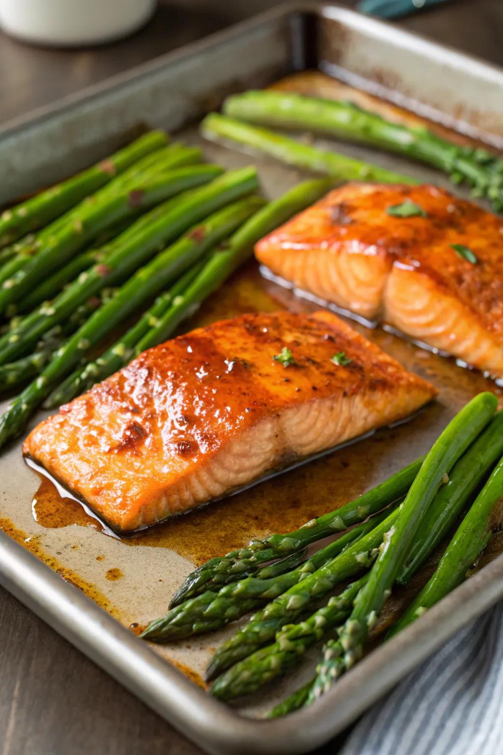 Maple-glazed salmon and asparagus, a delightful dinner duo.