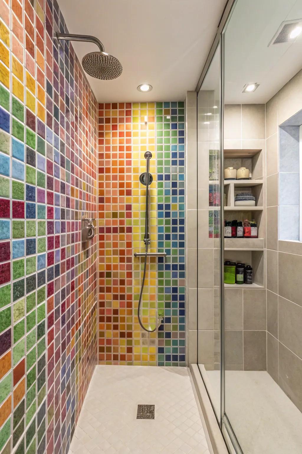 A splash of color and pattern with mosaic tiles brings personality to this shower.