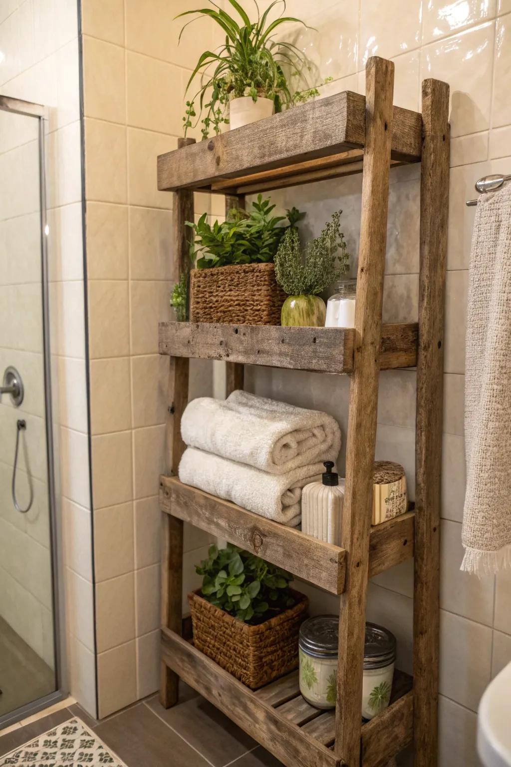 Rustic wooden shelves bring a touch of charm and warmth to your shower.