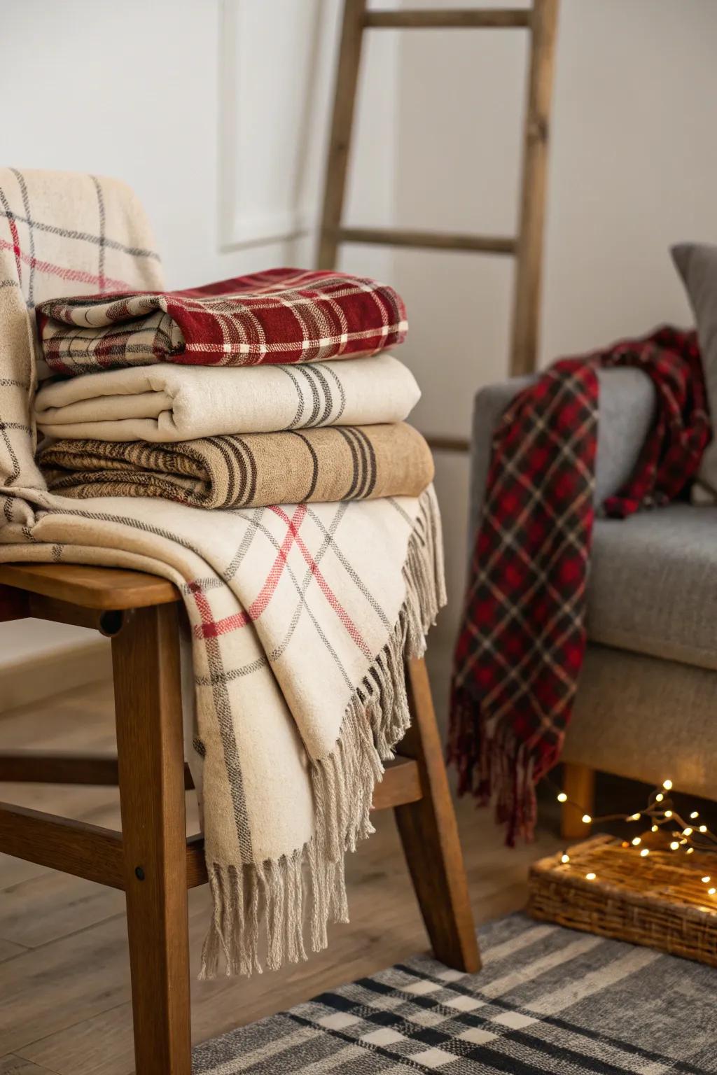 Cozy blankets add warmth to the fall setup.