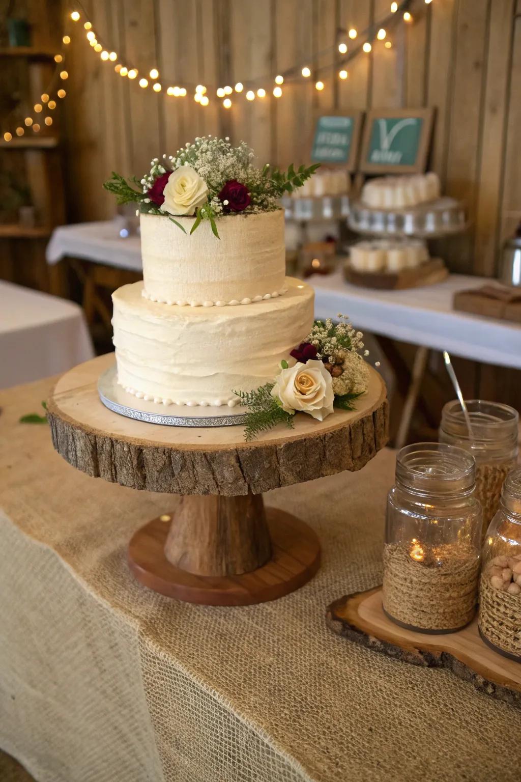 Rustic charm with a wooden cake stand.