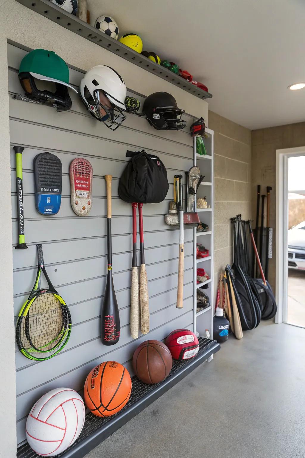 Organize sports gear effortlessly with slatwall storage solutions.