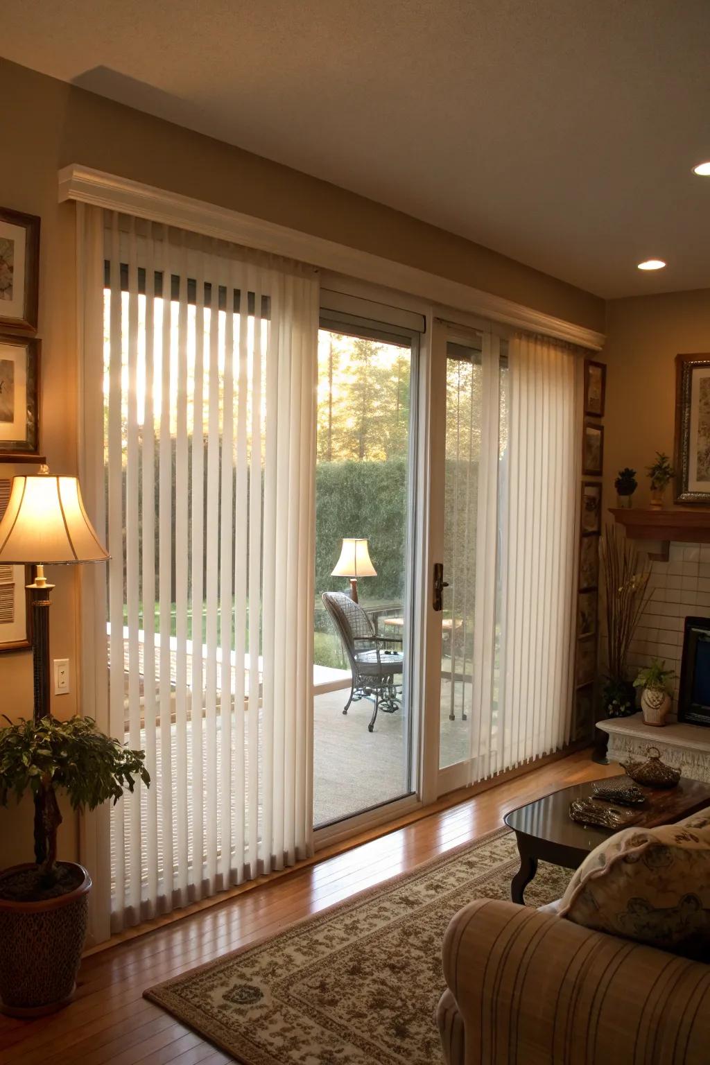 Sheer vertical blinds offer privacy without sacrificing light.