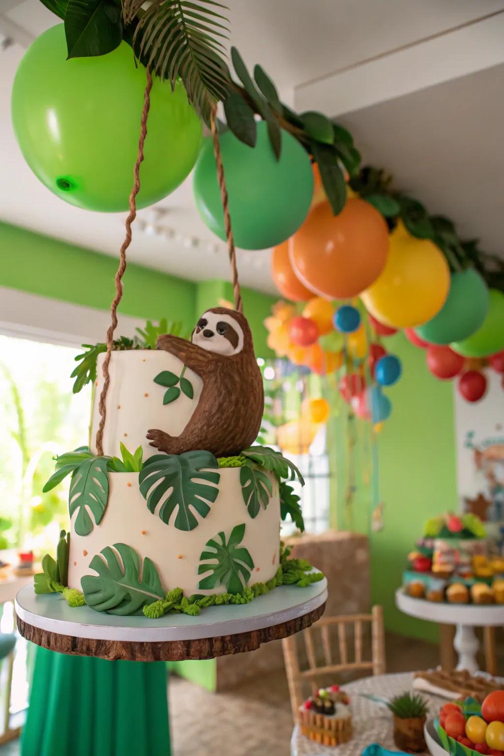 A hanging sloth cake adds a playful touch.