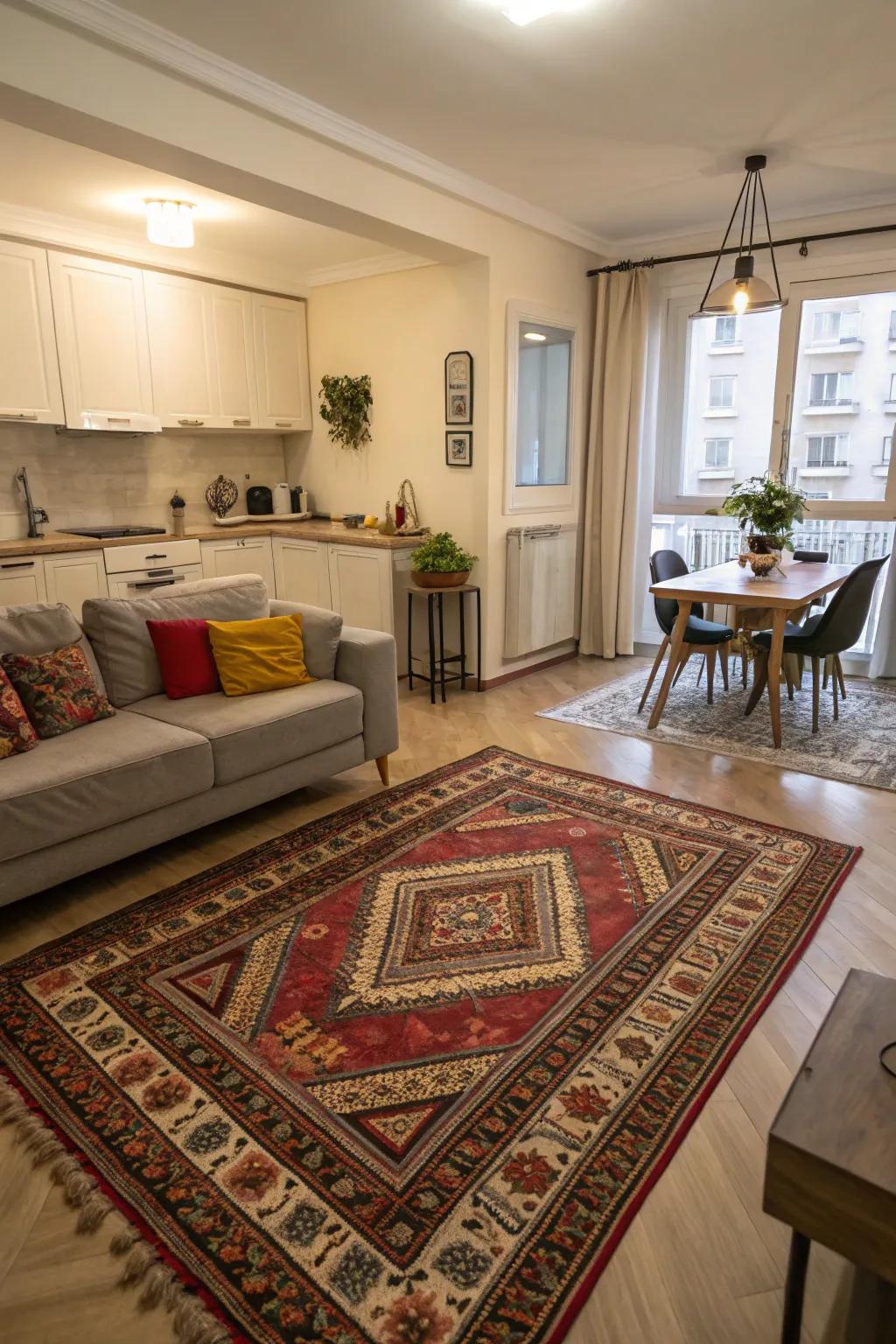 A decorative rug helps define living and dining areas in a studio apartment.