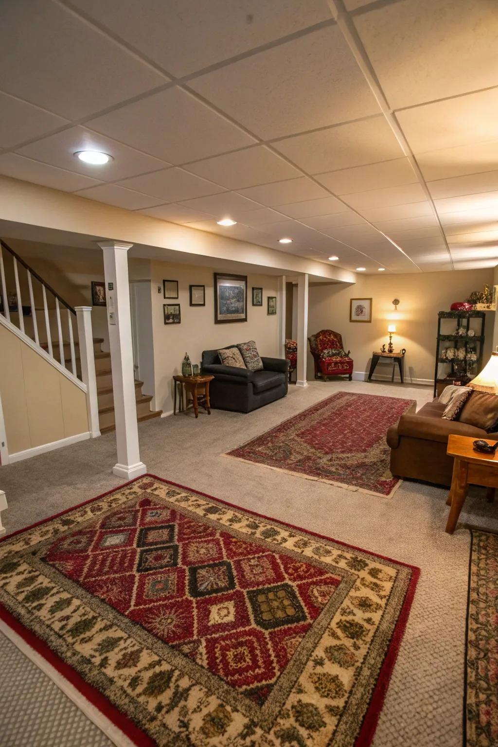 An open layout creates a spacious feel in small basements.