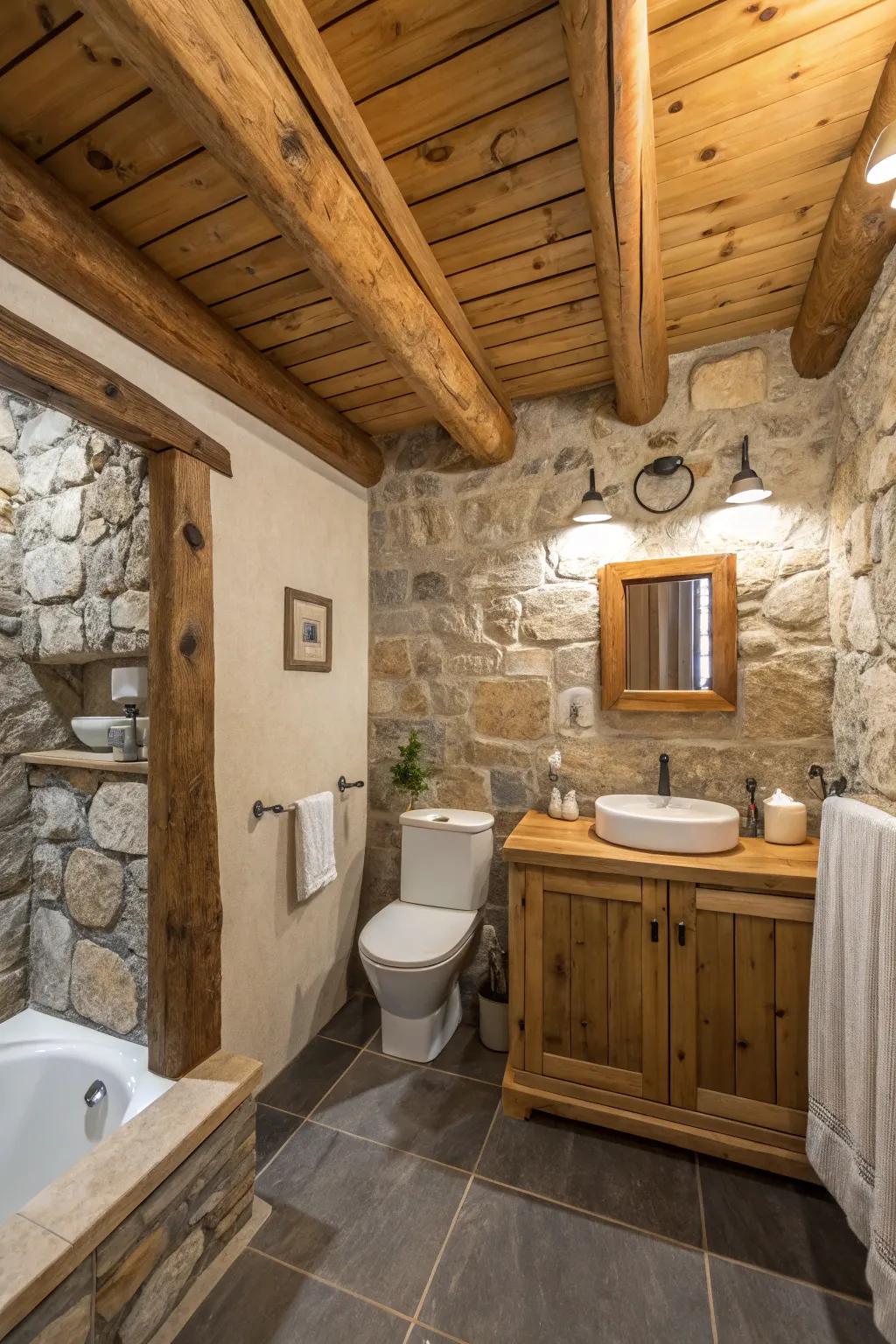 Rustic beams add character to this inviting bathroom.