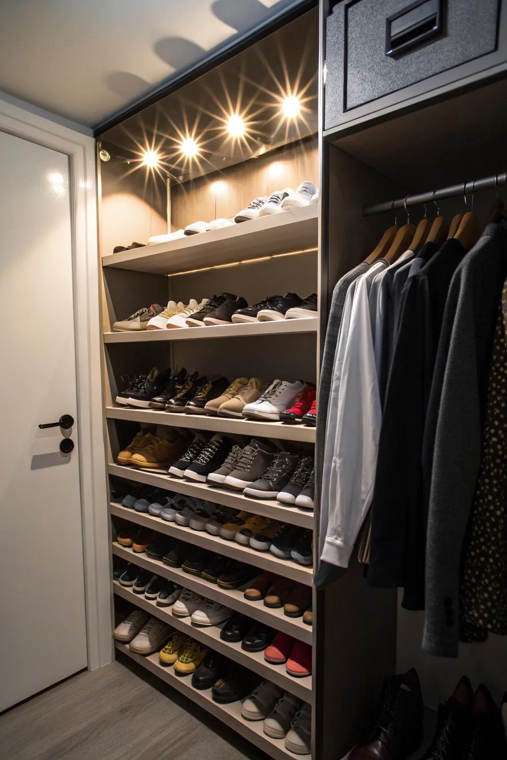 Spotlights bring attention to a well-organized shoe collection.