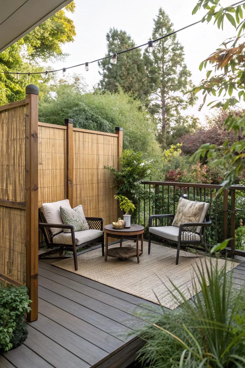 A private nook on a small deck with bamboo screens.