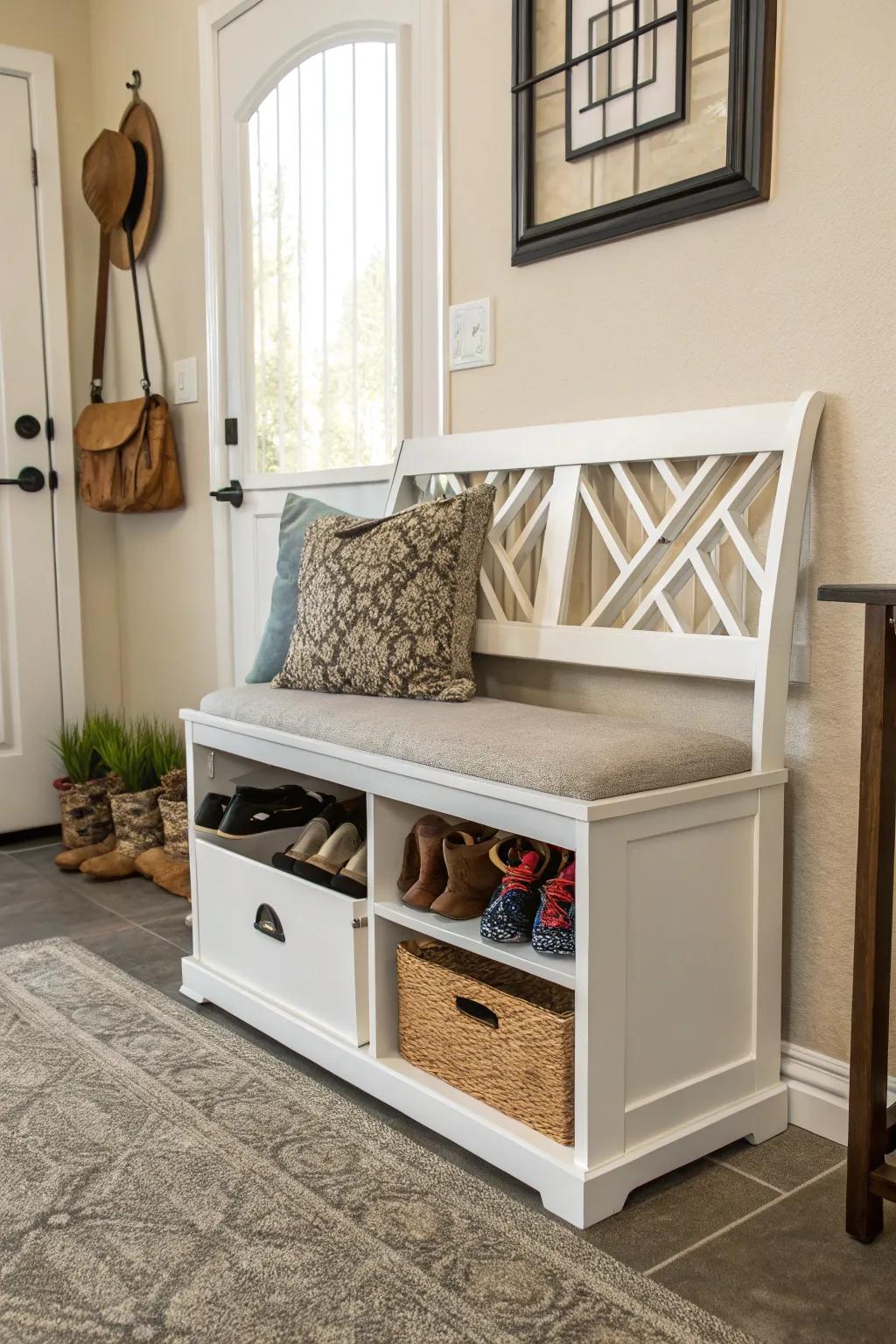 Benches with hidden storage offer seating and organization.