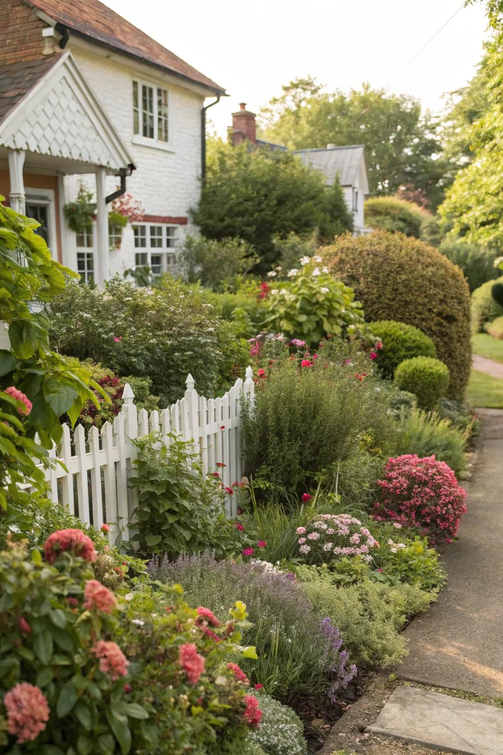 A vibrant mix of shrubs and flowering plants in a small front garden.