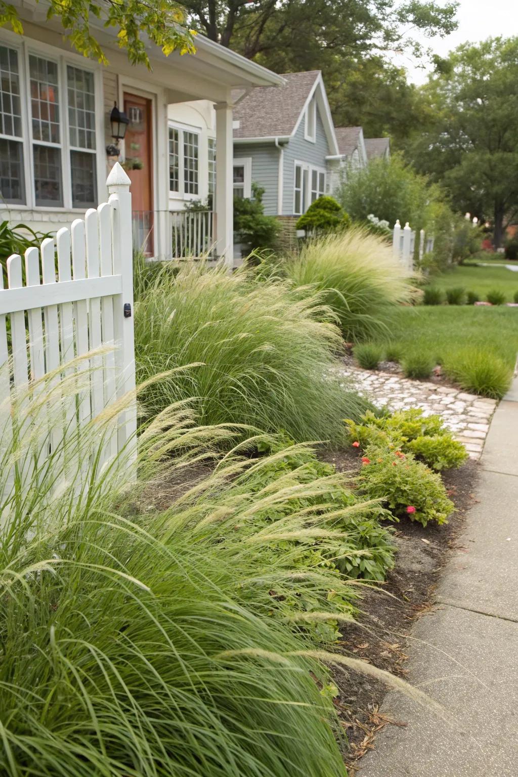 Ornamental grasses introduce texture and movement to the yard.