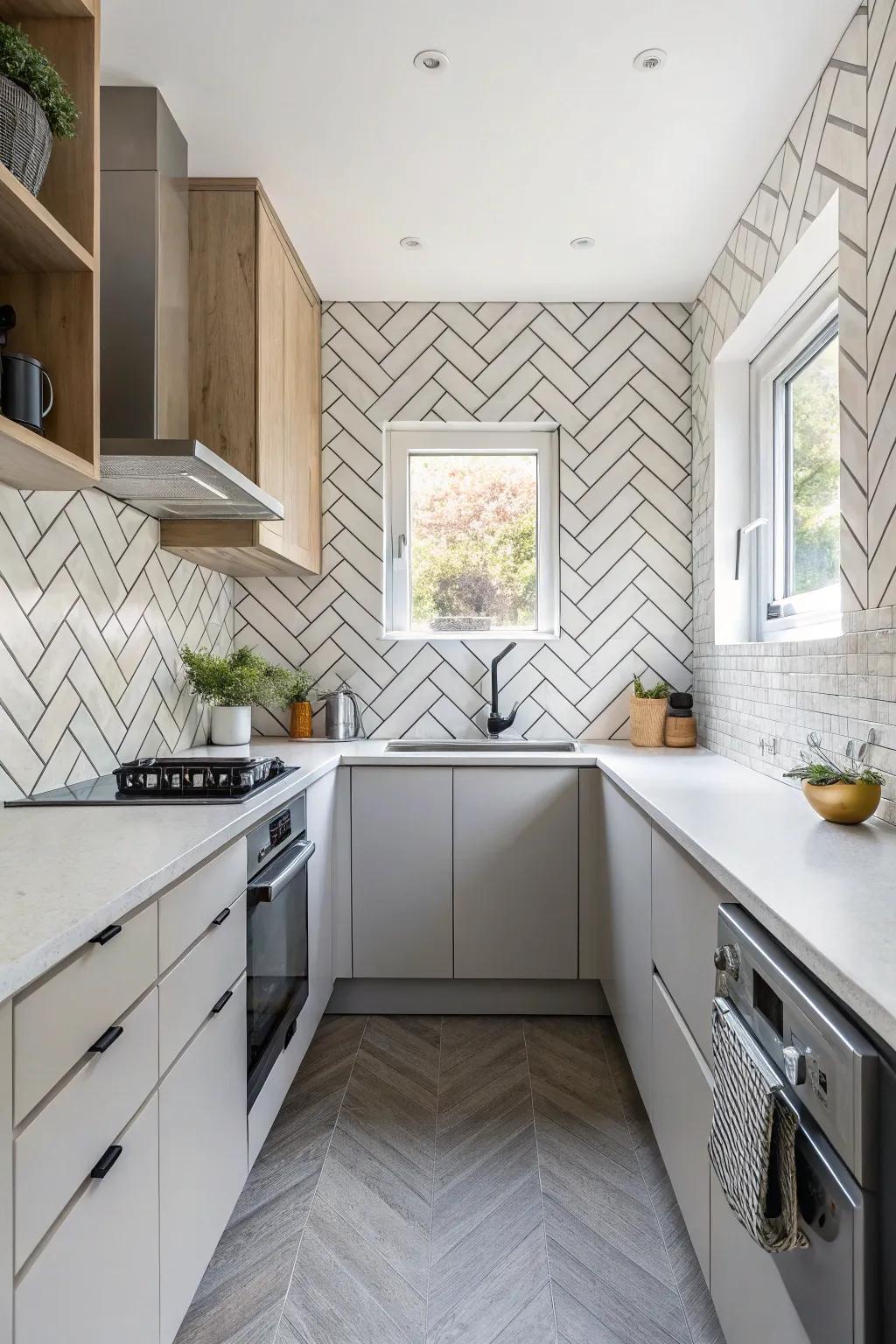 Introduce geometric patterns for a standout kitchen design.