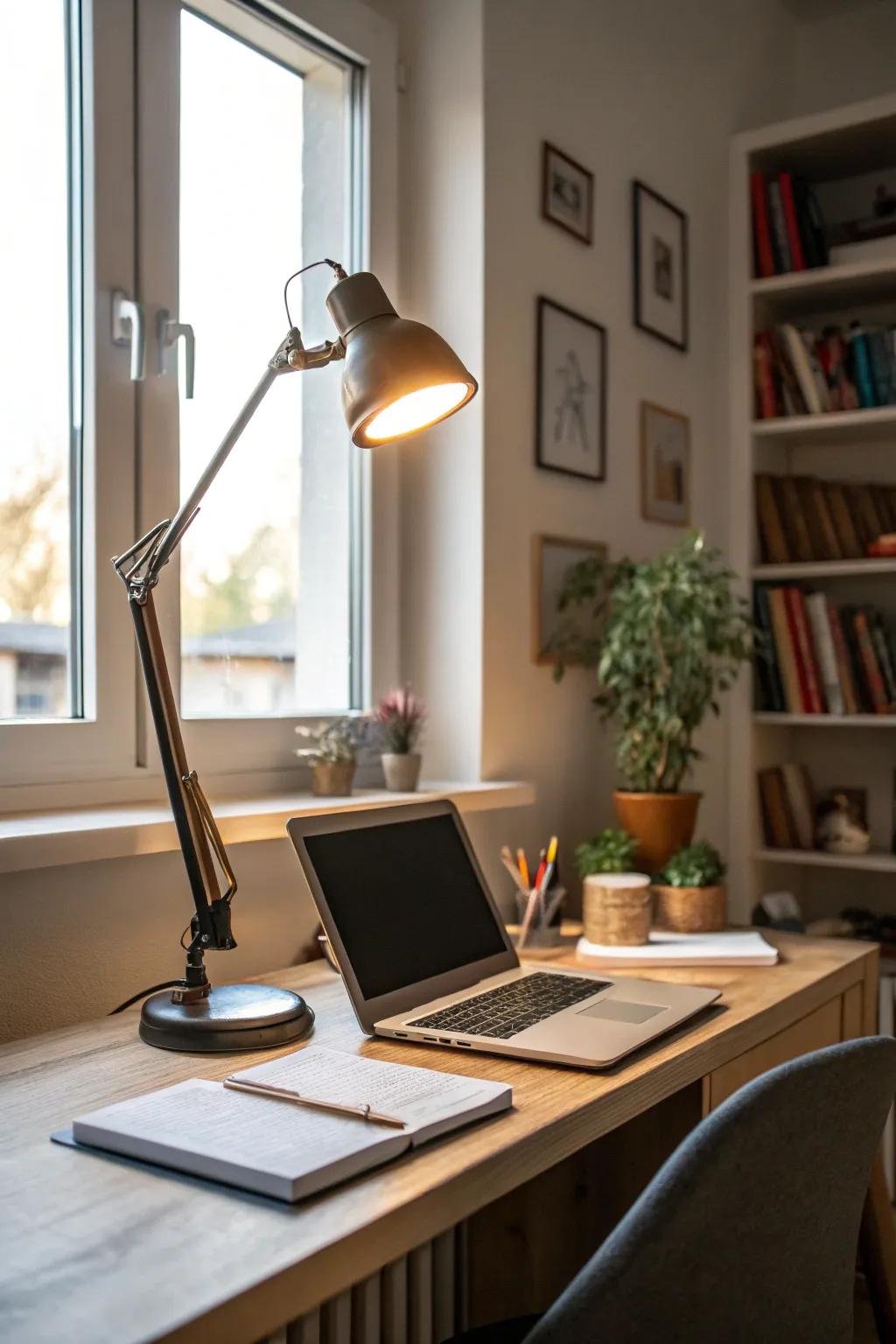 A small home office well-lit by a desk lamp and natural sunlight.