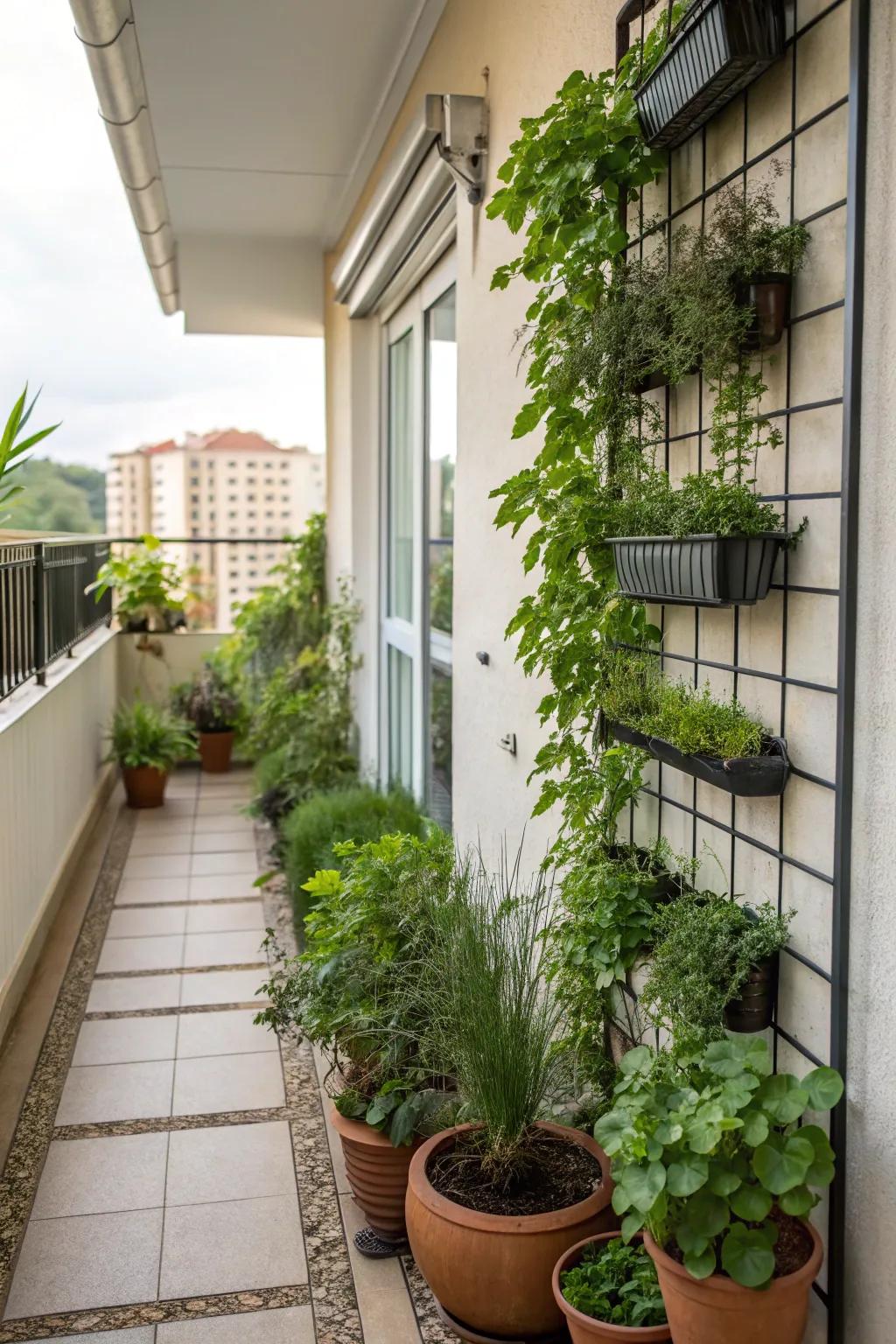 Lush greenery enhances a small patio space.