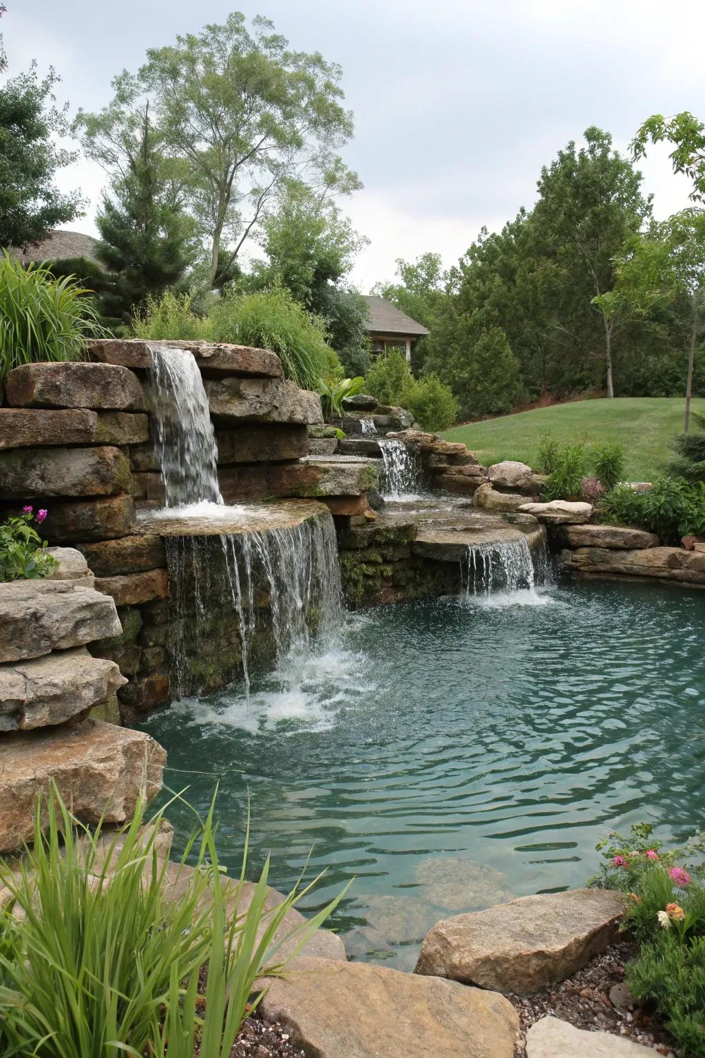 A tiered waterfall creates multiple layers of flowing water.