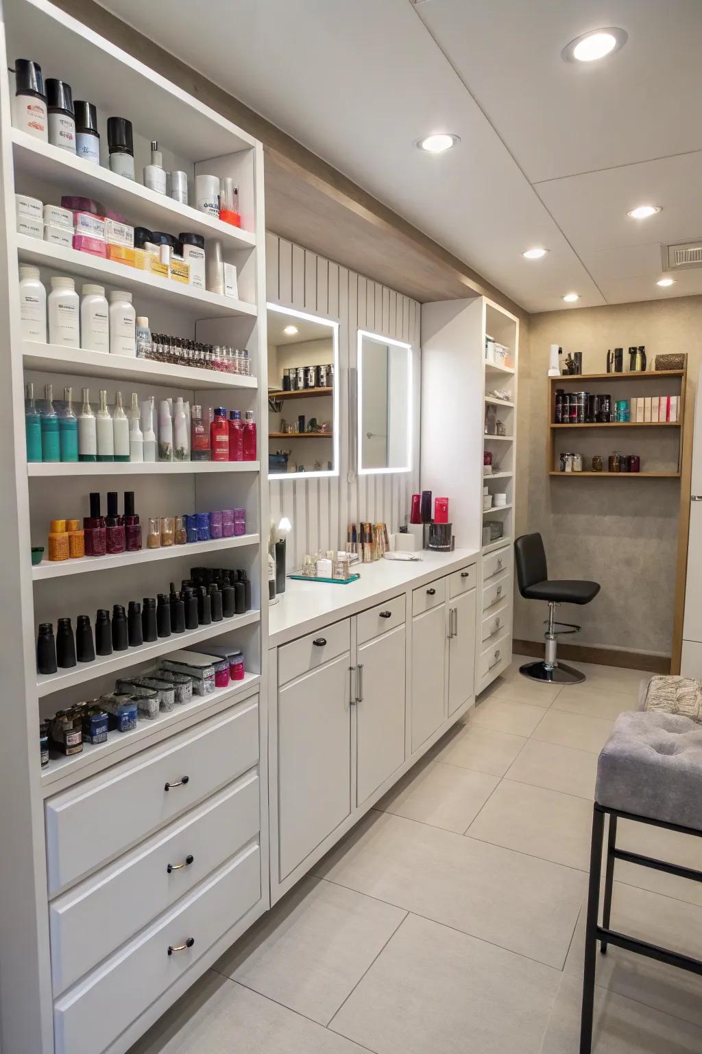 Vertical storage solutions that keep the salon organized and spacious.