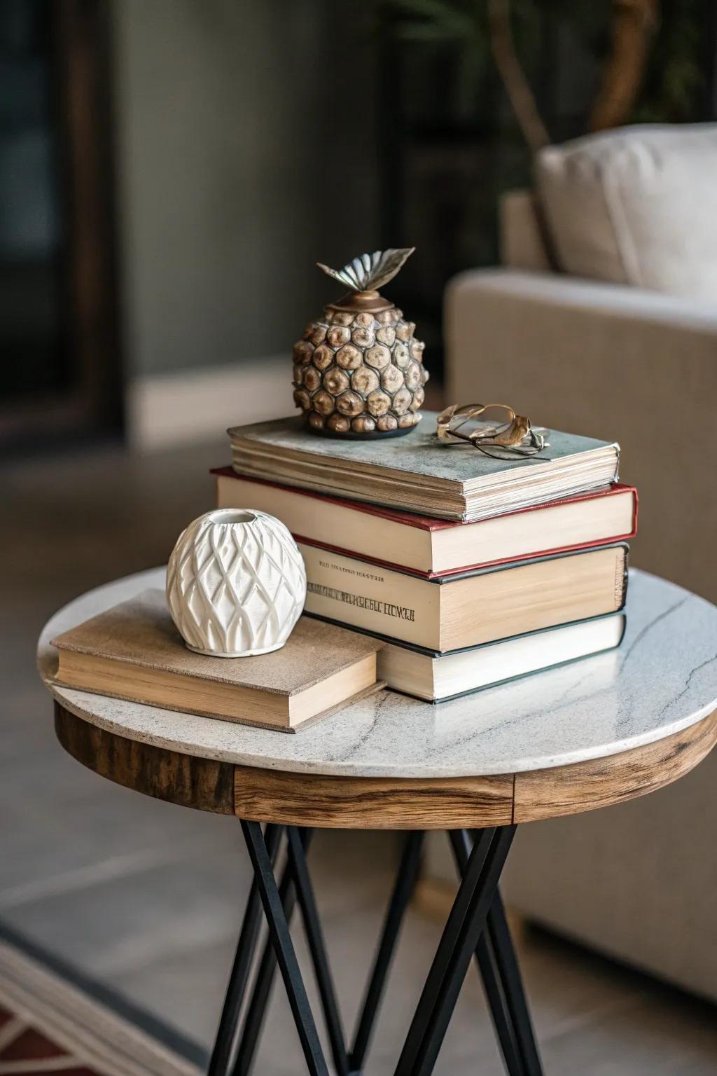 Stacked books on a side table add character and height.