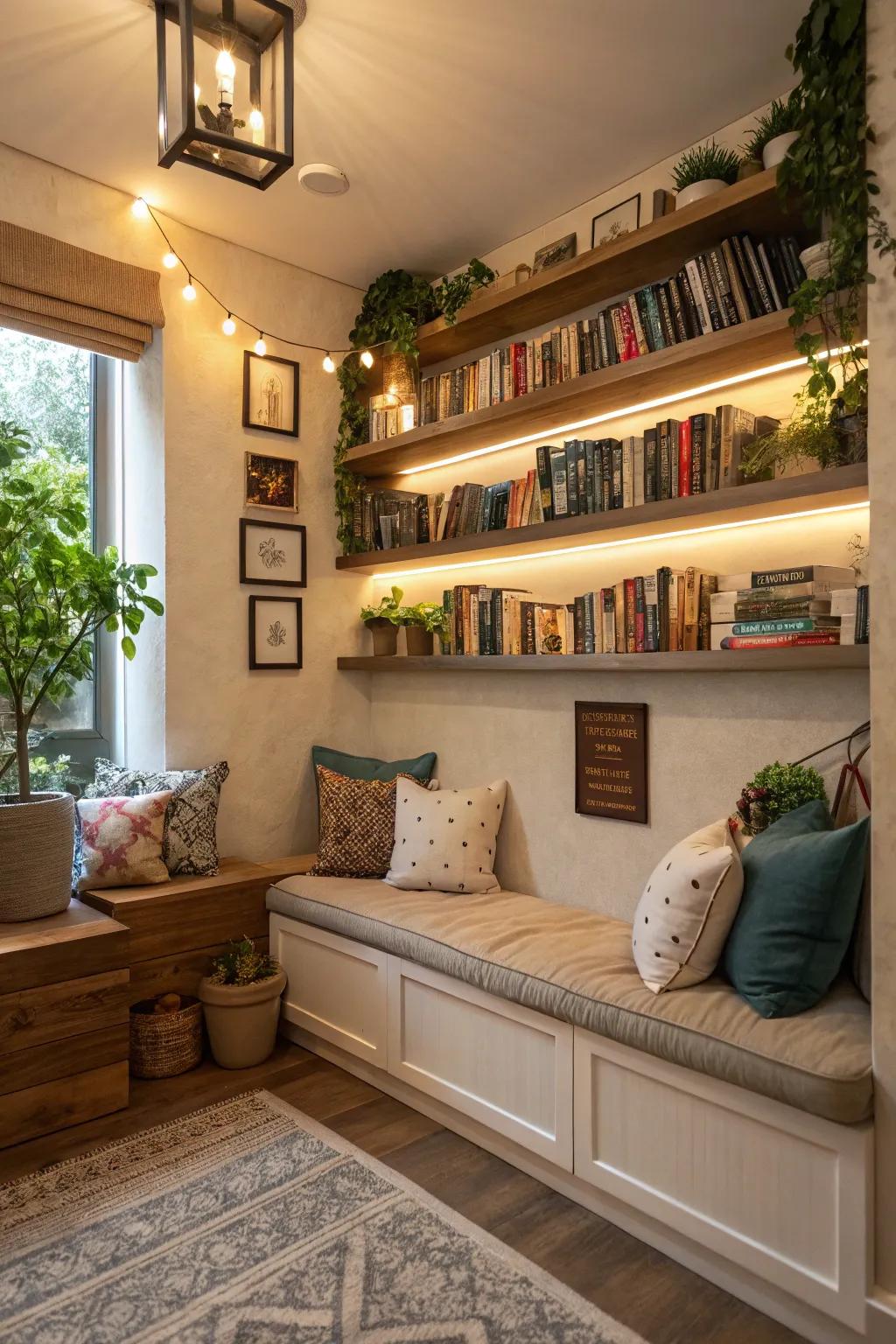 Floating shelves in a cozy nook, perfect for displaying books and decor.