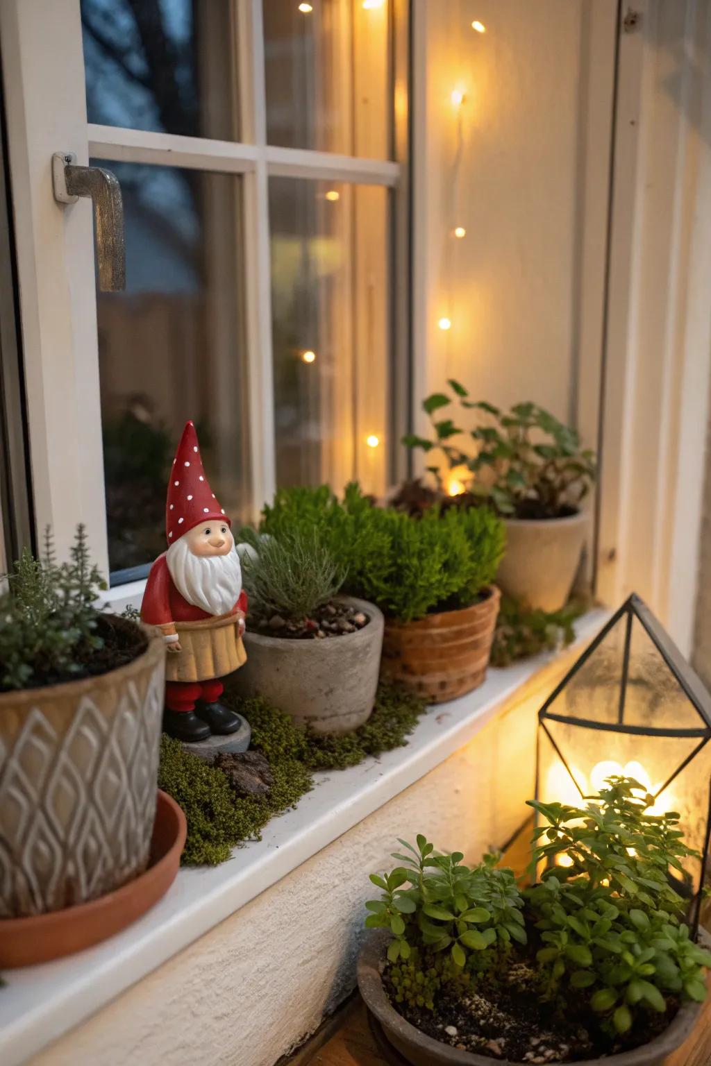 A whimsical mini garden scene in a small window display.