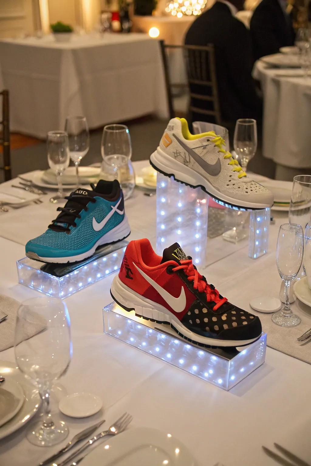 Sneaker centerpieces adding a unique touch to the table.