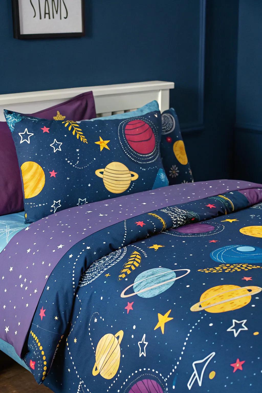 Planetary bedding brings the theme to life with vibrant colors and designs.