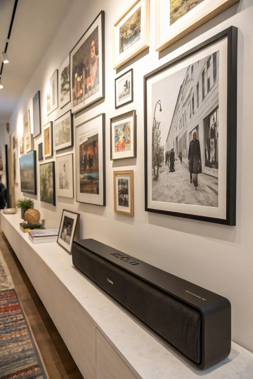 Soundbar seamlessly integrated into a wall gallery