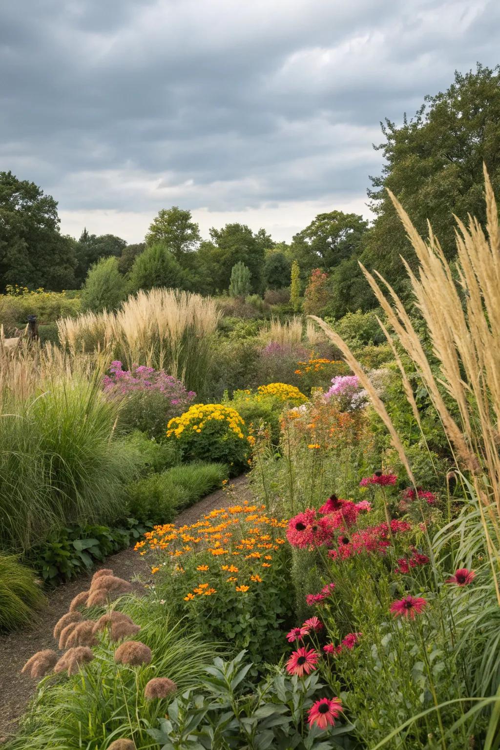 Diverse plant arrangements featuring tall grasses and colorful flowers.