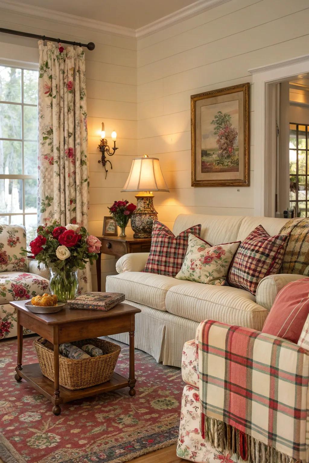 A delightful mix of patterns and textures in a Southern living space.