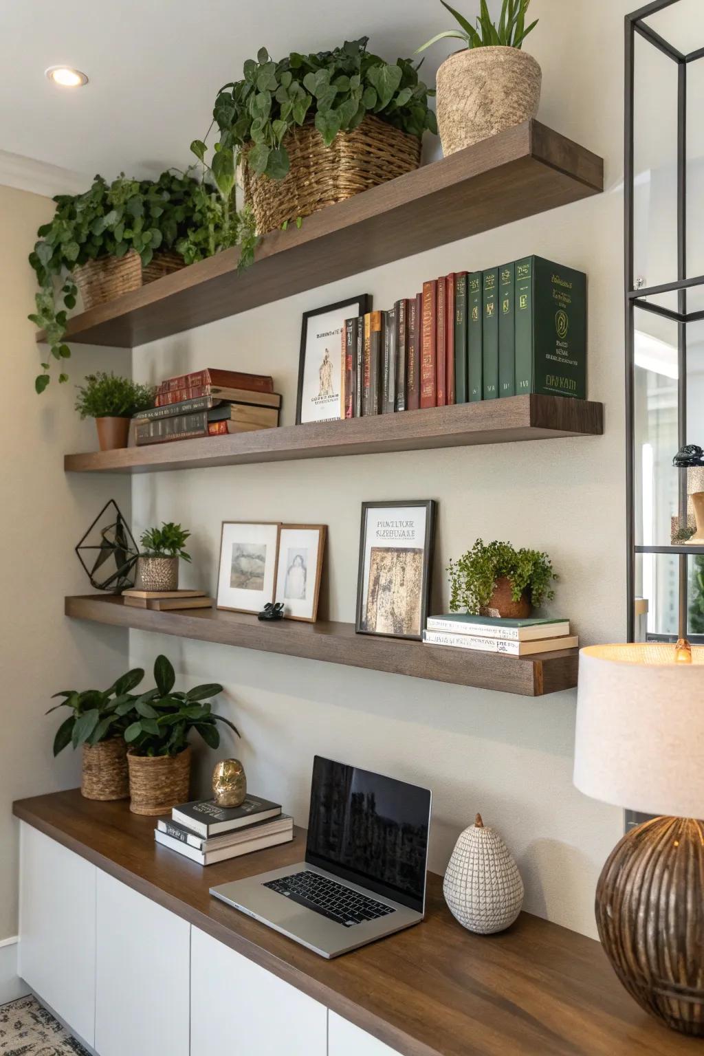 Floating shelves add style and storage without clutter.