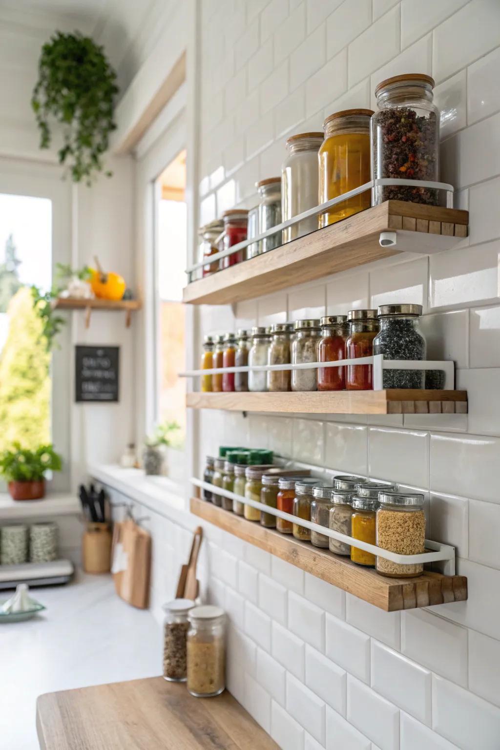 Aesthetic spice display on floating shelves.