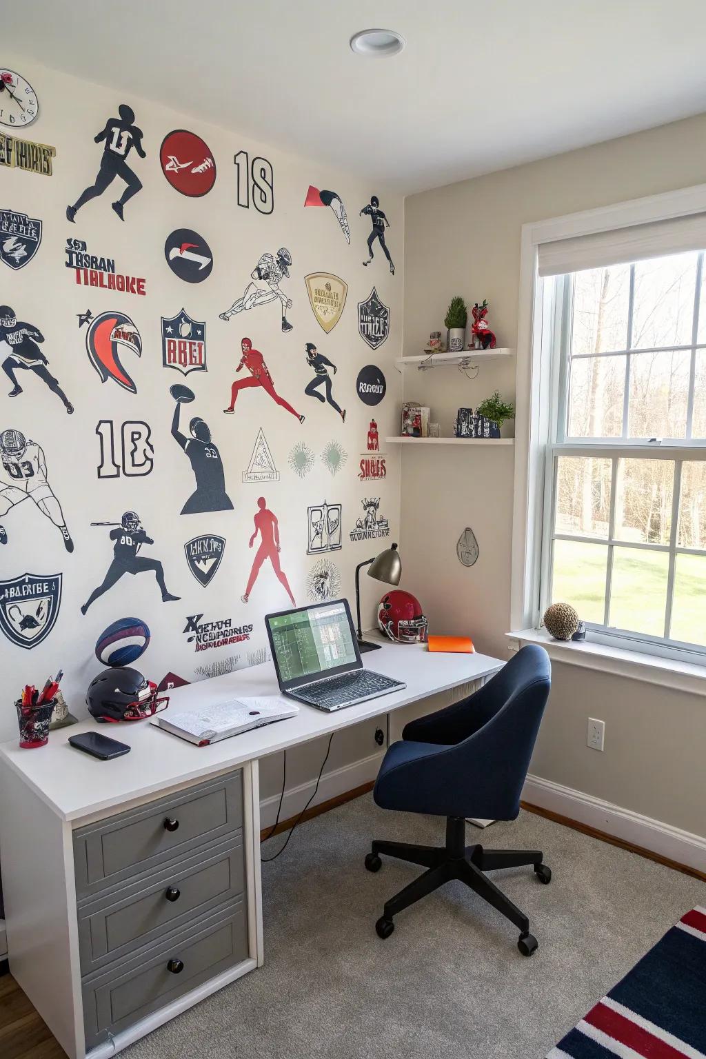 A sports-themed accent wall can make a bold statement.