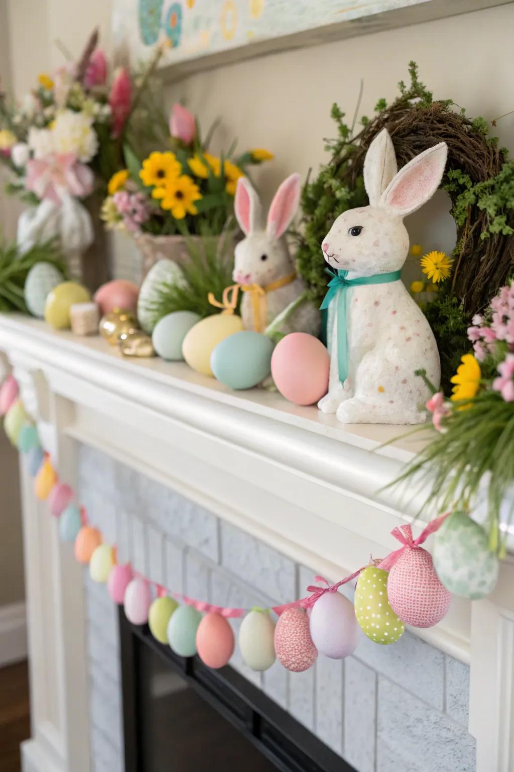 Adorable bunny figurines bring Easter cheer to the mantel.