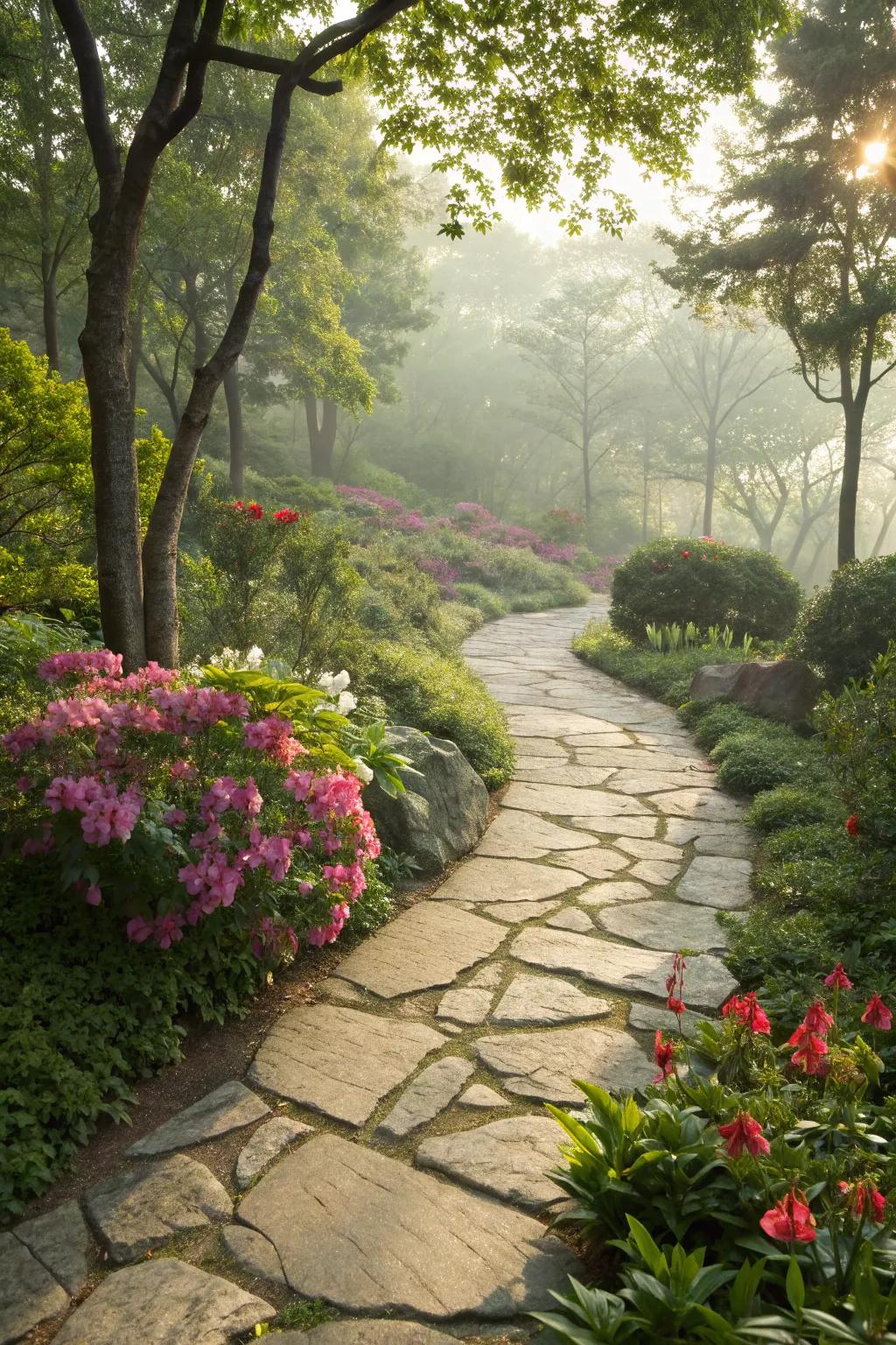 A rustic stone pathway leads through a lush garden, inviting exploration.