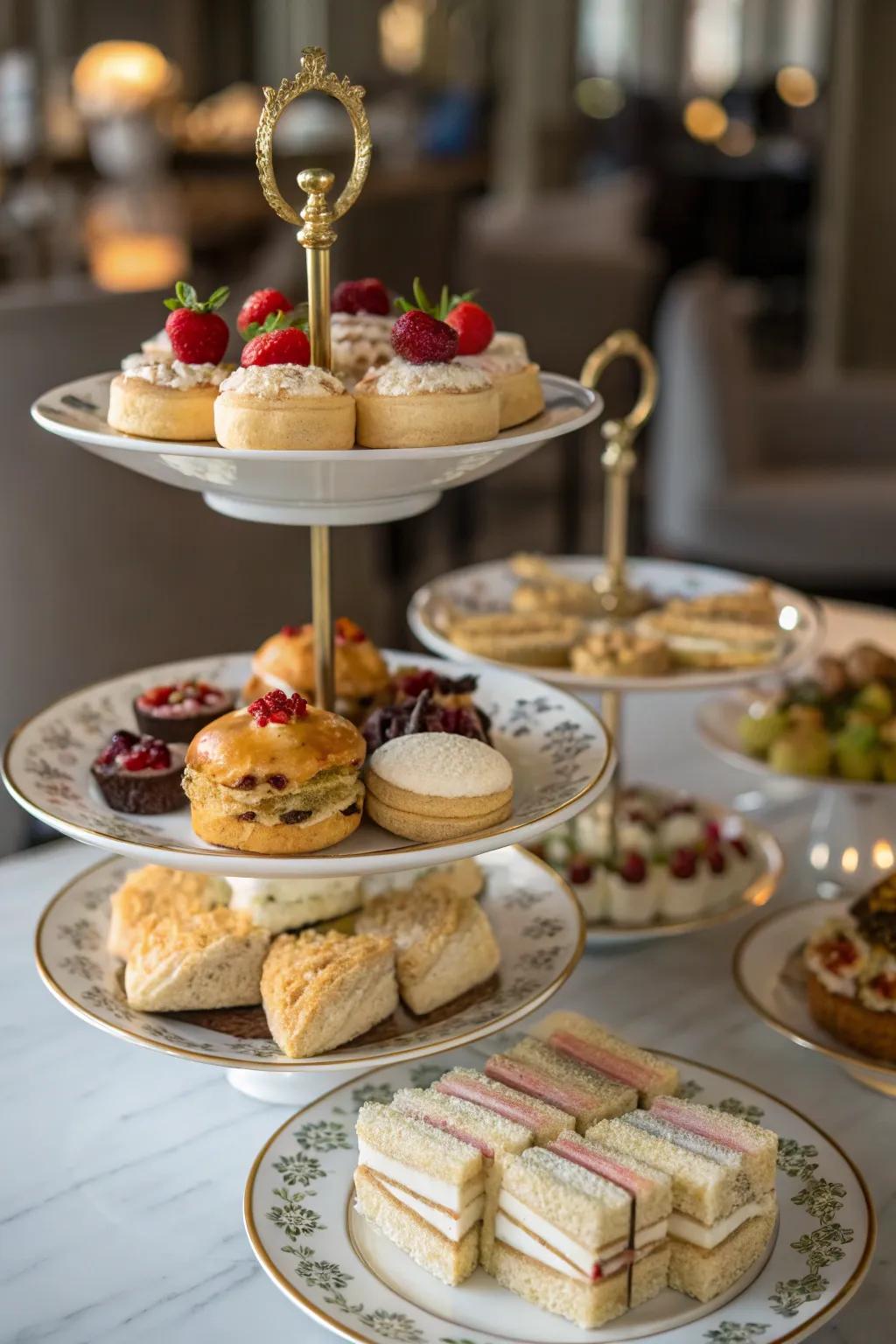 Elegant tiered stands add sophistication to your tea party presentation.