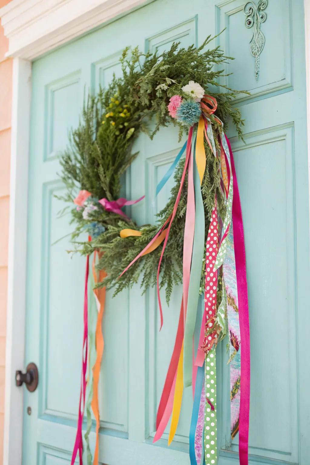 Ribbons that add a whimsical touch to your spring wreath.