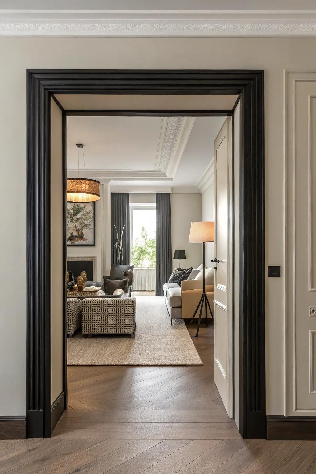 Dark square trim providing a striking contrast against light walls.