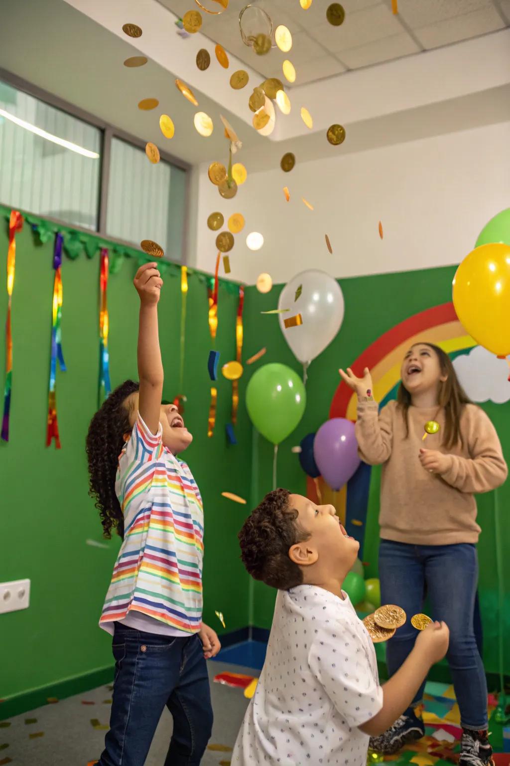 Kids joyfully tossing gold coins in a St. Patrick's Day themed room.