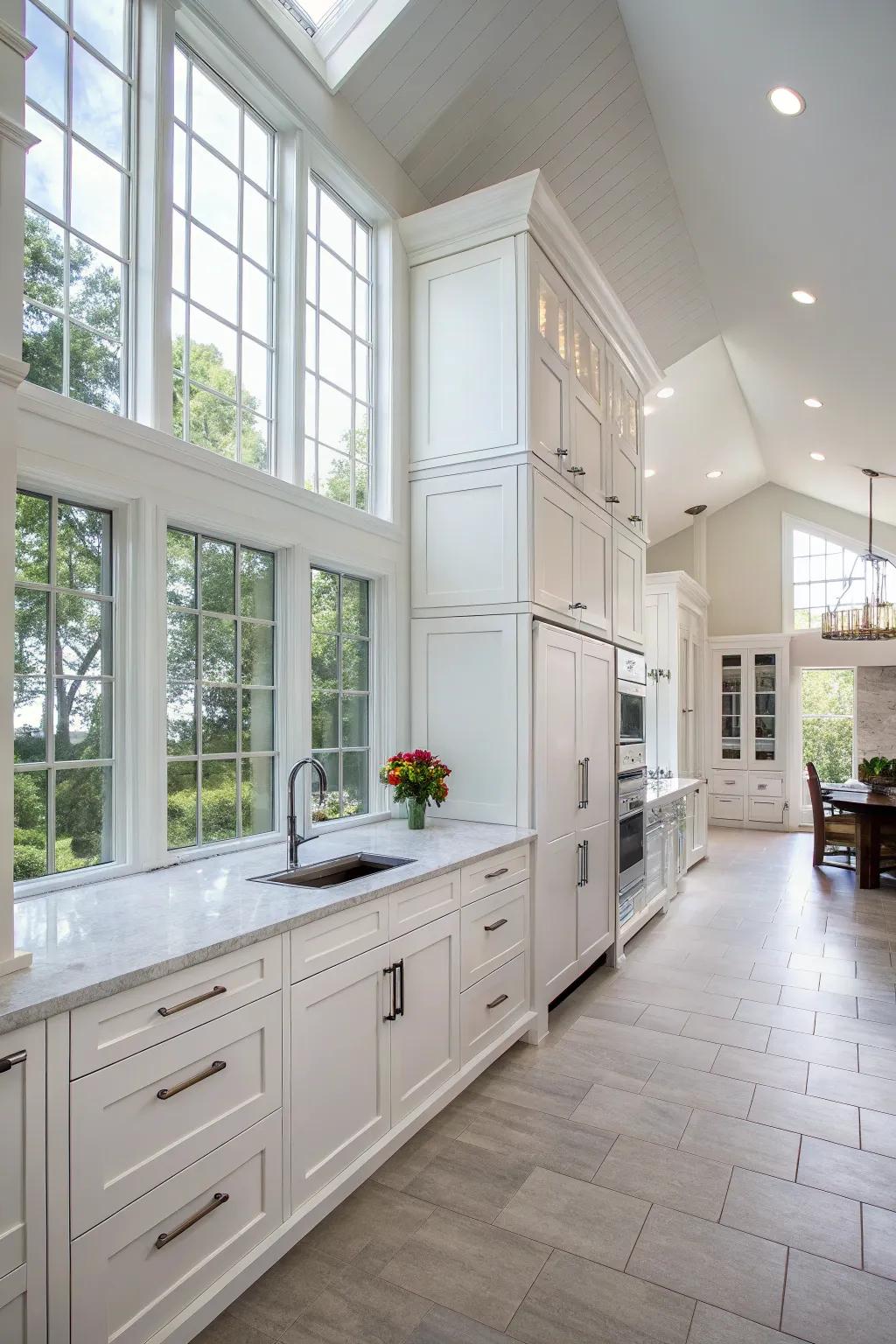 White cabinets enhance natural light, creating a bright and welcoming kitchen atmosphere.