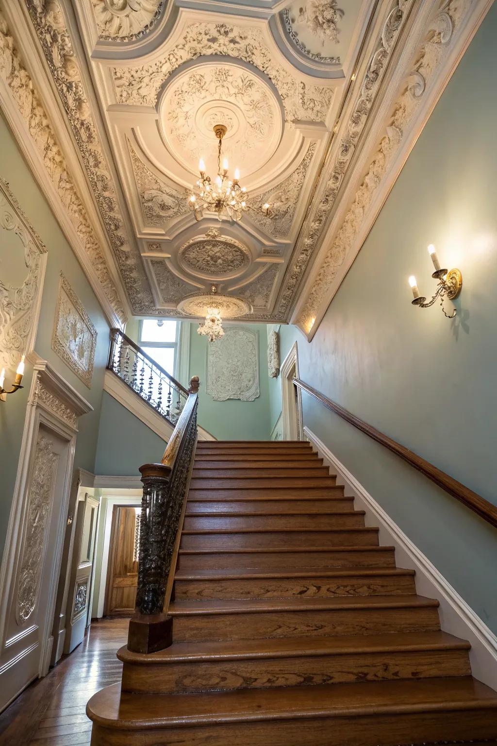 Ornate crown molding elevates the grandeur of any stairwell.