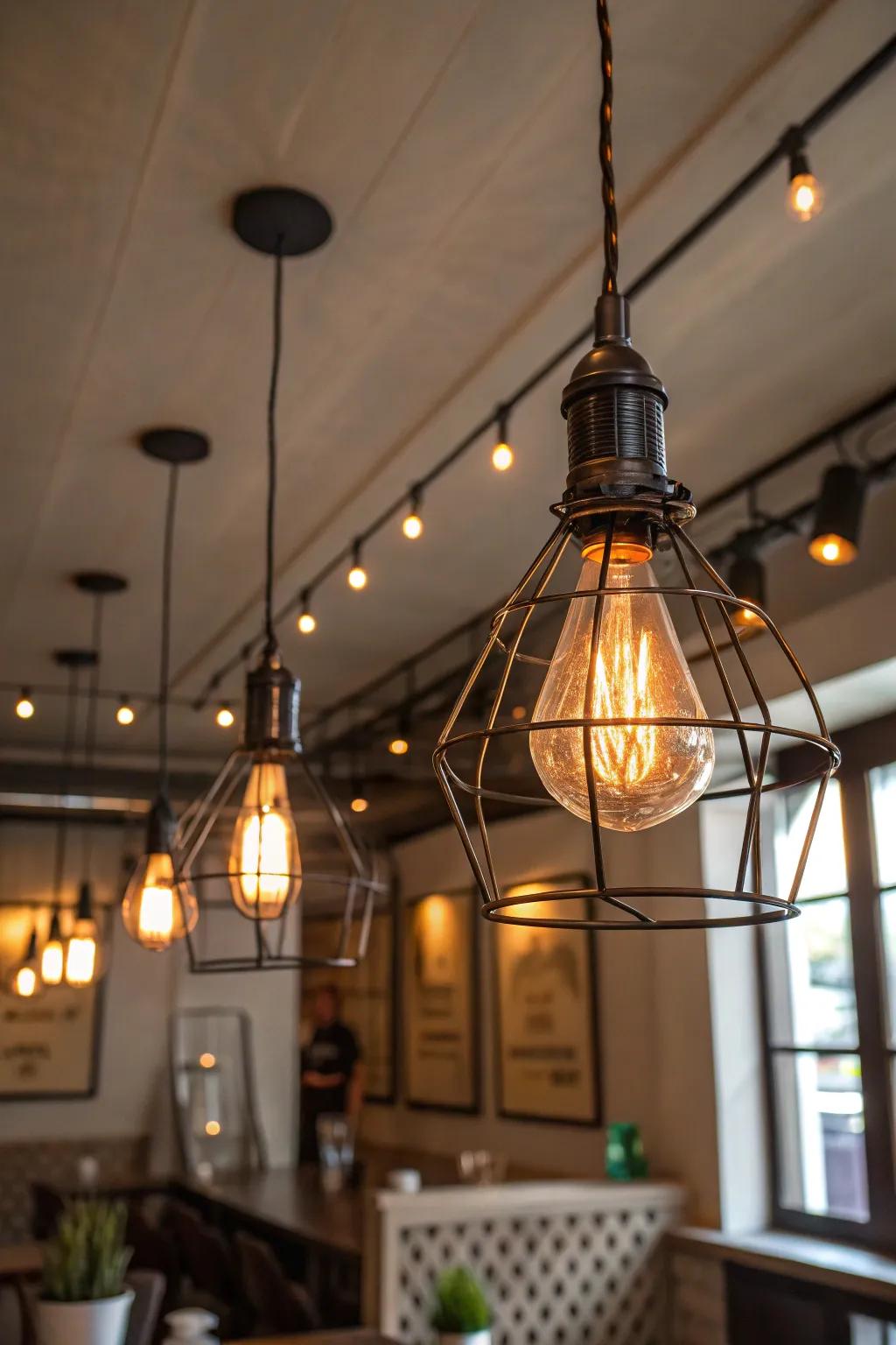 Industrial lighting sets the mood for a cozy steampunk atmosphere.