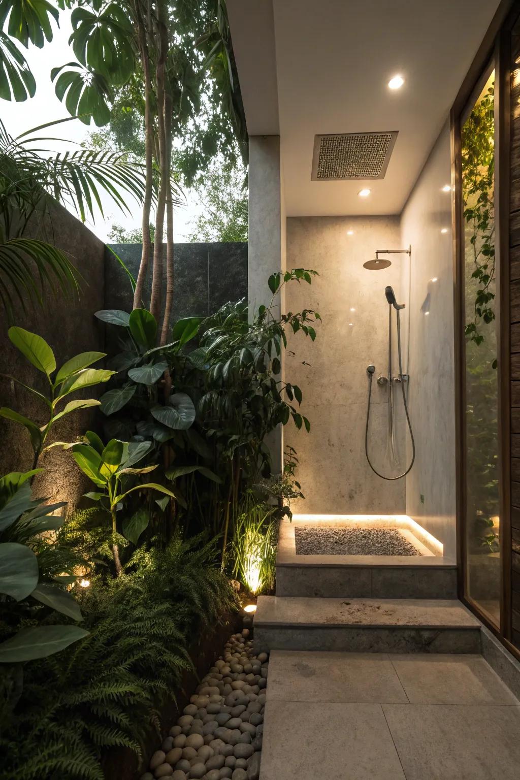 Step-down shower designed with ambient lighting and greenery for a spa-like atmosphere.