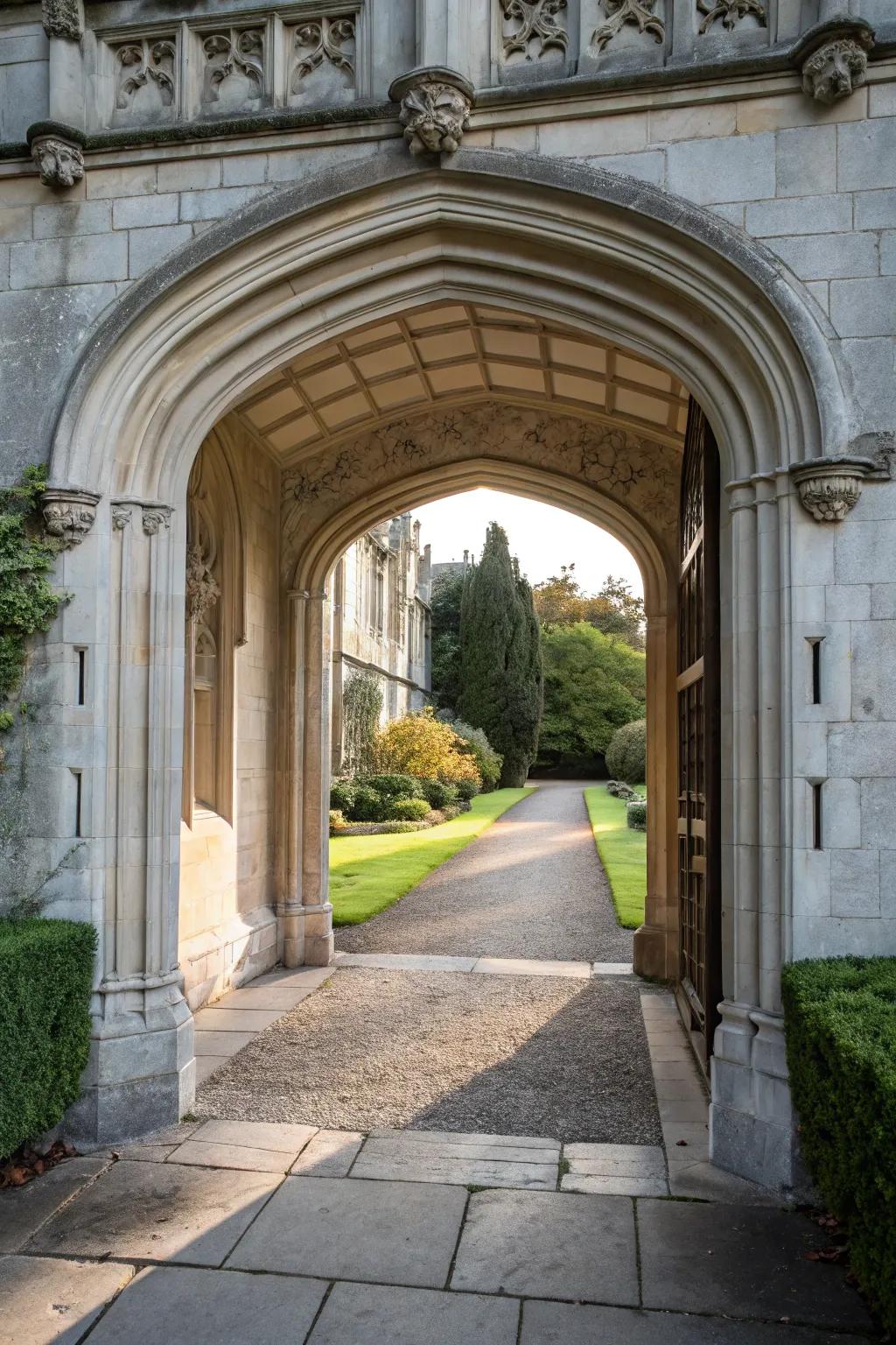 An arched stone entryway offers a timeless elegance.