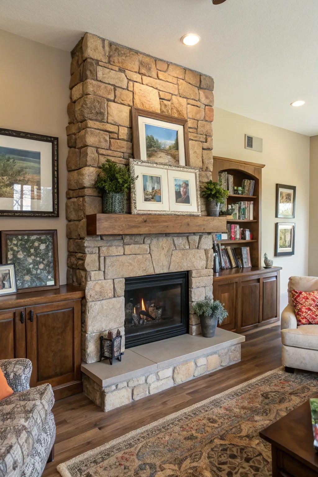 A living room with a stone fireplace featuring layered mantels for added depth.