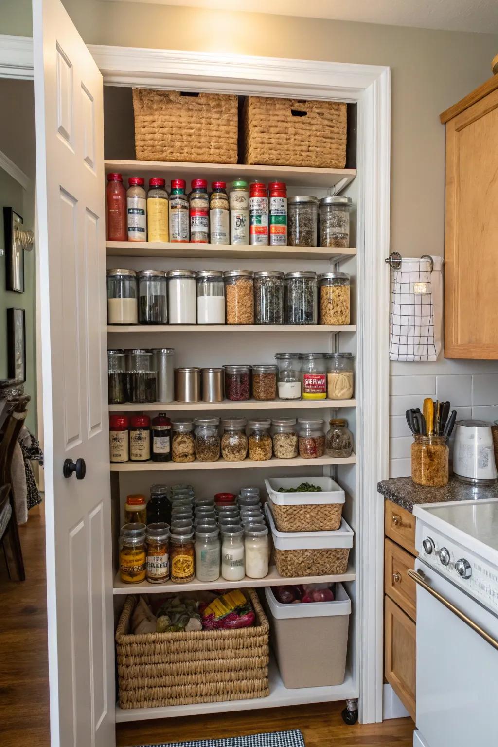 Tall pantry shelf in a compact kitchen.