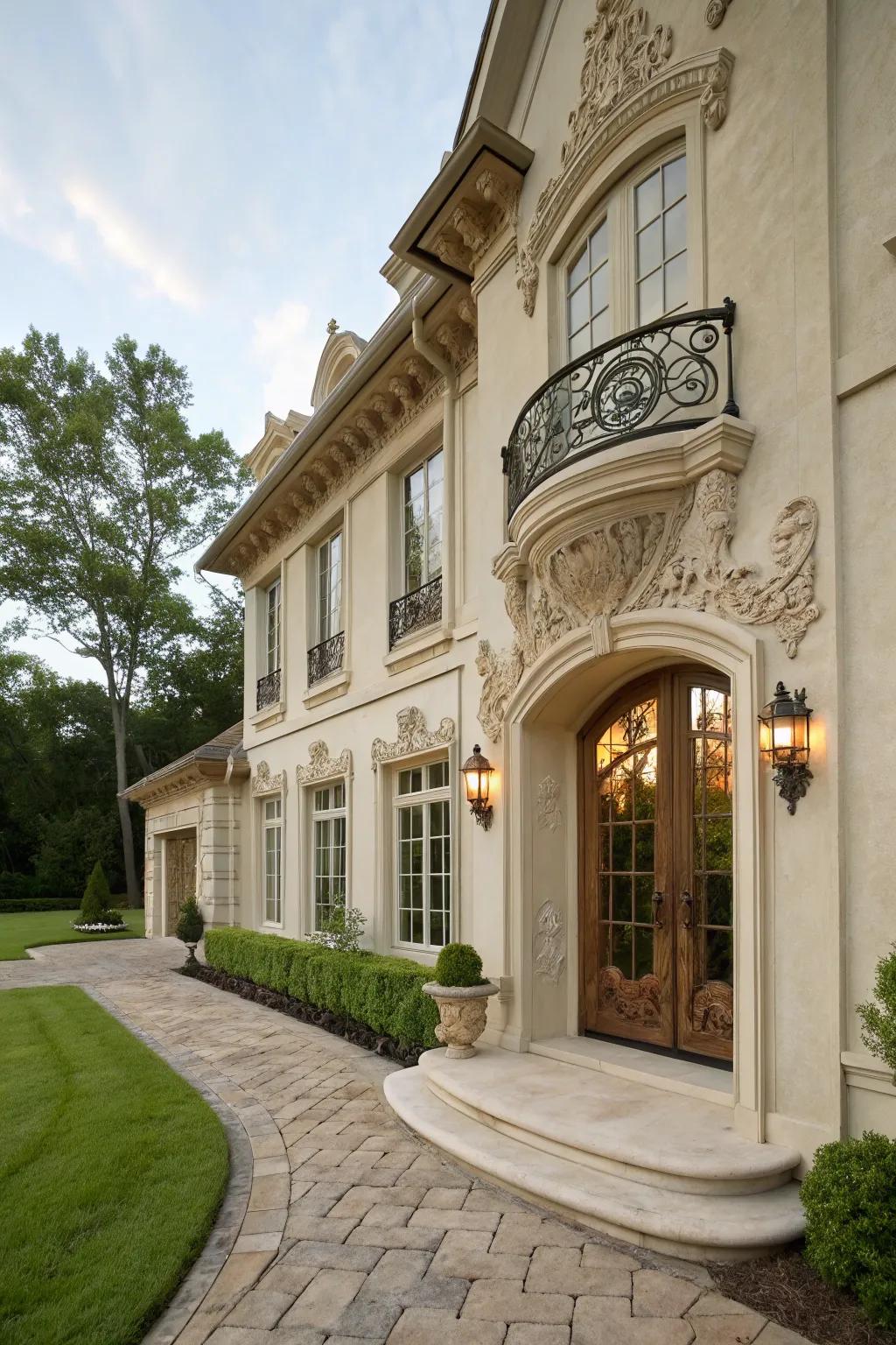 Intricate moldings add sophistication to this grand stucco home.